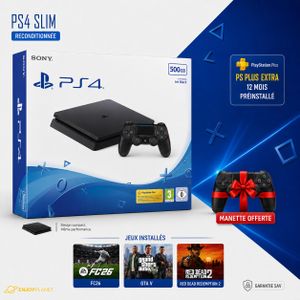 Playstation Console PS4 Slim Reconditionnée avec Boîte et Accessoires Complets + 2 Manettes + 3 Jeux + PS Plus Extra 1 An