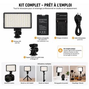 LED-416 Panneau LED Vidéo Professionnel 416 LEDs avec Température Réglable 3200K-5600K, Luminosité Dimmable, Batterie rechargeable NP-F550/F570 7.4V 2200mAh et Fixation