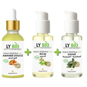 LY BIO PACK HUILE AMANDE DOUCE 50ML - PIPETTE + HUILE RICIN 50ml - POMPE + HUILE SAUGE 50ML - POMPE