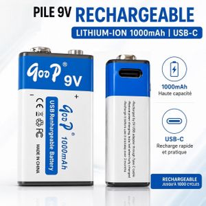 Goop Pile 9V Rechargeable Lithium-Ion 1000mAh USB-C avec Câble Inclus – Haute Capacité et Recharge Rapide