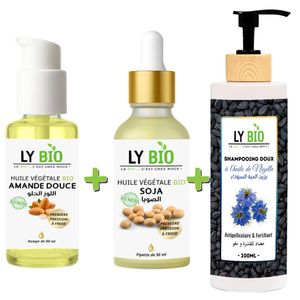 LY BIO PACK HUILE AMANDE DOUCE 50ml - POMPE + HUILE SOJA 50ML - PIPETTE + SHAMPOOING A L'HUILE DE NIGELLE 200ML