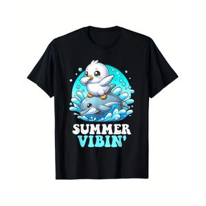 T-shirt Graphique Dauphins Surfeurs et Mouettes Ambiance Estivale - 100_ Coupe Décontractée pour Vacances à la Plage avec Motif Dauphins Surfeurs, Mouette et Planche de Surf, T-shirt d'Été Décontracté Unisexe pour Hommes et Femmes, Tenue Familiale Assor