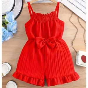 Combinaison Short Plissée Rouge pour Fille – Romper d'Été Léger à Bretelles avec Nœud Papillon et Volants