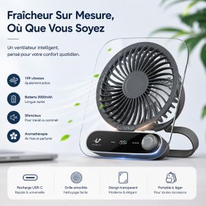 Mini Ventilateur de Bureau Portable 199 Vitesses Réglables Batterie 3000mAh USB C Rechargeable Fonction Aromathérapie Silencieux