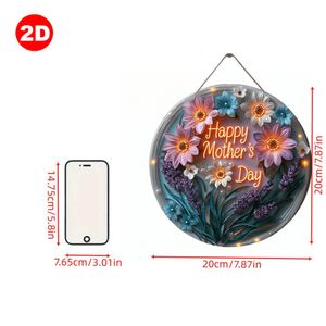 Pendentif en bois rond 2D de style vintage, taille 19,99*19,99 cm, design de bouquet de marguerites roses, sans plumes, adapté à la décoration intérieure, à la décoration de chambre, à la décoration de la fête des mères et aux cadeaux, décoration intérie