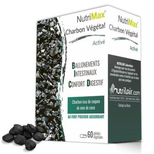 Nutrimax Charbon Végétal Activé - Confort Digestif, Anti-Ballonnements, Flatulences, Bien-être Intestinal - 60 Gélules