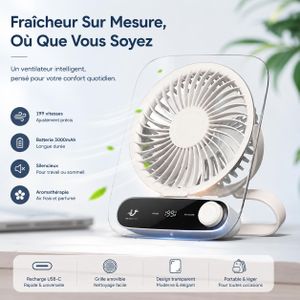 Mini Ventilateur de Bureau Portable 199 Vitesses Réglables Batterie 3000mAh USB C Rechargeable Fonction Aromathérapie Silencieux