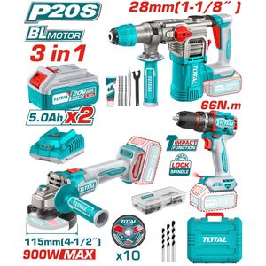 TOTAL Kit 3 Pièces Brushless 20V - Marteau Perforateur + Meuleuse + Perceuse + 2 Bat 4.0Ah