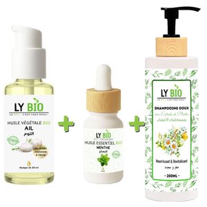 LY BIO PACK HUILE AIL 50ML - POMPE + HUILE ESSENTIEL MENTHE 10ML + SHAMPOOING AUX EXTRAITS DE PLANTES 200ML