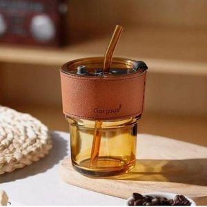 Gobelet en verre avec housse cuir et paille – Tasse durable et réutilisable pour smoothies, jus et boissons chaudes, Marron