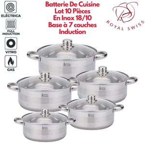 Royal Swiss Batterie De Cuisine Lot 10 Pièces En INOX 18/10 Avec Couvercle En Verre Tous Feux Induction