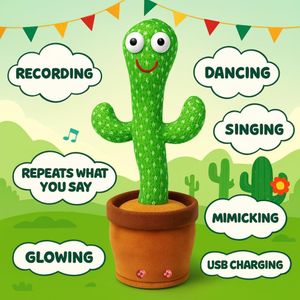 Cactus musical dansant, cactus parlant, peluche musicale interactive avec visage souriant, cactus vert dans un pot jaune