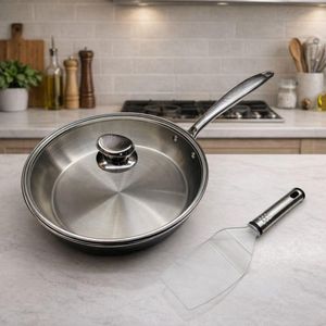 Lamacom Poêle Inox 3 Plus Ø30 cm – Tri-Ply 3 Couches – Tous Feux Induction – Couvercle Inox