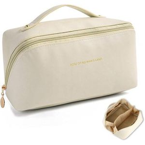 Sac Maquillage Grande Capacité Étanche, Organiseur de Voyage avec Compartiments, Blanc Cassé