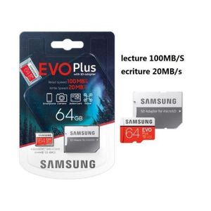 Samsung Carte memoire Evo Plus 64Go/Gb microSD SDXC Classe 10 jusqu'à 100 MB/s Full HD et 4K UHD avec Adaptateur