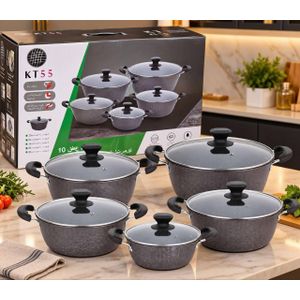 Set De Casseroles En Granit Non Adhésif KT55 - 10 Pièces Avec Couvercles En Verre - Gris Granite
