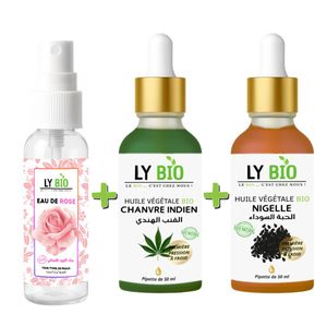 LY BIO باقة LYBIO ماء الورد 100 مل + زيت مرطب ومغذي 50 مل - قطّارة + زيت الحبة السوداء 50 مل - قطّارة