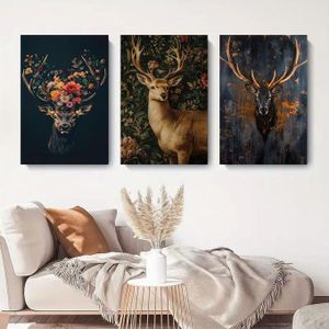 Tableau cerf lot de 3 pièces style vintage floral aux tons dorés sur fond sombre pour salon