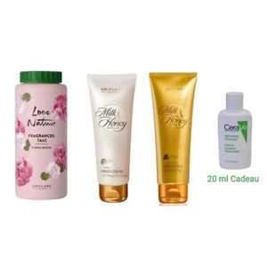 Oriflame Crème et Gommage lissant pour les main milk and honey gold + Talc parfumé 100g + Crème lavante hydratante 20 ml CADEAU