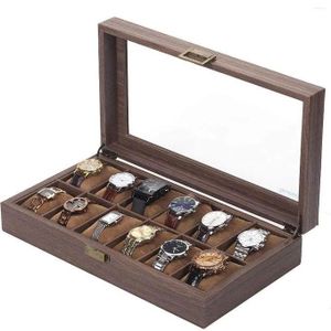 General Boîte à montres 12 emplacements – Coffret rangement montre en simili cuir motif bois – Présentoir élégant pour collection de montres