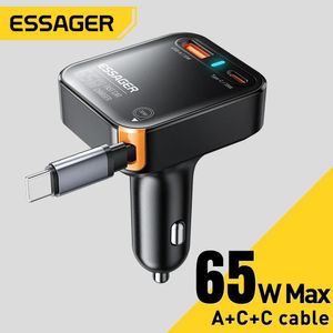 ESSAGER Chargeur Voiture Rapide 65W USB-A + USB-C avec Câble Rétractable Intégré