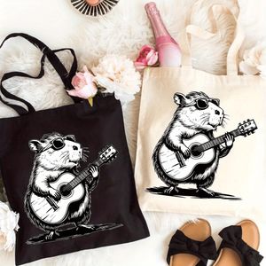Vintage Capybara Tote Bag - Grande Capacité, Durable avec Imprimé Capybara Guitariste, Parfait pour les Courses, les Voyages et les Pique-Niques en Plein Air, Sac Fourre-Tout en Plein Air Sac Fourre-Tout Tendance Design Artistique