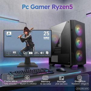 Msi  PC GAMER RYZEN 5 3400G 3.7Ghz/ 16Go DDR4/ 256Go SSD/ GPU Radeon RX Vega 11 + ECRAN GAMING 25" 100hz-NEUF