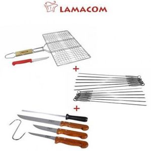 Lamacom طقم أسياخ من الفولاذ الذي لا يصدأ + شواية + طقم سكاكين