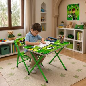 Ensemble Table et Chaise Pliables pour Enfants - Bureau d'Étude et de Dessin Métallique Ergonomique - Motif Ben 10 - Vert