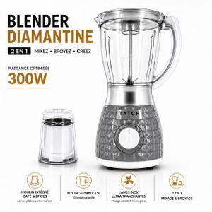 TATCH Blender 2 en 1 Diamantine 300W + Moulin Café & Épices, Bol 1,5L Incassable, Couvercle avec Bouchon Amovible Multifonction, Lames Inox Ultra Tranchantes, Multi-Vitesses + Pulse, Smoothies Jus Glacés, Design Premium Antichoc, Top Qualité Prix Maroc Gris