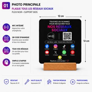 Mifare PLAQUE NFC RESEAUX SOCIAUX NOIRE EN ACRYLIQUE AVEC SUPPORT EN BOIS