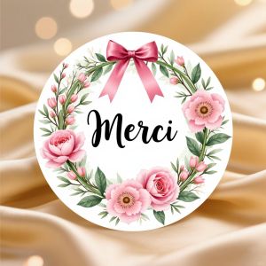 24/48 autocollants floraux pour mariage, fête, bureau - Étiquettes-cadeaux rondes Merci avec roses roses et feuilles vertes, étiquettes en papier brillant pour décoration, pour cadeaux de mariage, cartes de remerciement, fournitures de fête