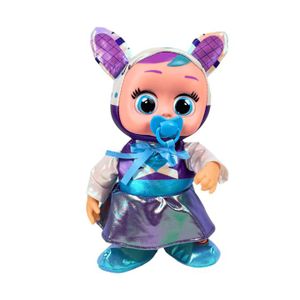 Poupée Cry Babies qui marche, avec tétine bleue et robe brillante