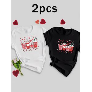 Ensemble Deux Pièces, T-shirt Sportif à la Mode pour Femme en Noir et Blanc, Ensemble Couple avec Quatre Motifs de Tasses à Boire en Forme de Cœur, Tissu en , Tailles X-XXL Disponibles, Lavable en Machine