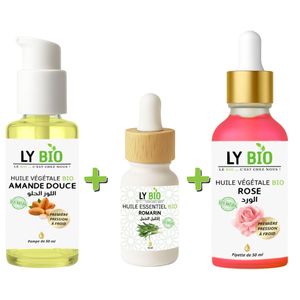 LY BIO PACK HUILE AMANDE DOUCE 50ml - POMPE + HUILE ESSENTIEL ROMARIN 10ML + HUILE ROSE 50ml - PIPETTE