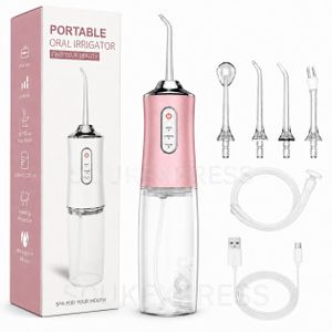 Hydropulseur Dentaire Portable Sans Fil à Haute Pression - Nettoyeur de Dents Water Flosser Rechargeable- Irrigateur Buccal Nettoyeur de Dents à 3 Modes et 4 Buses - Rose