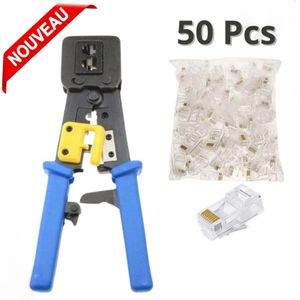 Pince Professionnel à sertir RJ45 RJ12 RJ11 - Avec Crémaillère Plus 50 connecteurs RJ45 Cat6 Cat5