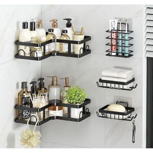 مجموعة من 5 حاملات دش لاصقة ذاتيًا، أرفف زاوية، تخزين دش الحمام، منظم دش الحمام الجدار من الفولاذ المقاوم للصدأ، أسود