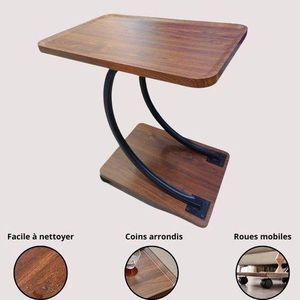 Table d’Appoint en Forme de C avec Double Plateau en Bois et Roulettes – Table Basse Multifonction pour Salon, Canapé, Bureau et Lit – Table Mobile avec Rangement à 2 Niveaux