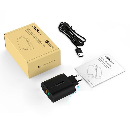 Crdc Chargeur Secteur USB 2 ports (1 port Quick Charge 2.0 + AiPower) avec câble compatible Samsung Galaxy, iPhone, HTC, LG...