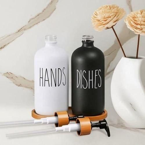 product_image_name-Generic-Ensemble de 2 distributeurs savon mains & liquide vaisselle – Verre mat blanc & noir, pompes bambou et plateau en bois-2