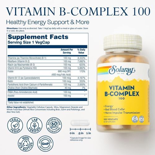 product_image_name-Solaray-Vitamin B-Complex 100 mg, Énergie saine, Formation de cellules sanguines & amp; Support de transmission d'impulsions nerveuses, 100 VegCaps ( 100 Compter )-2