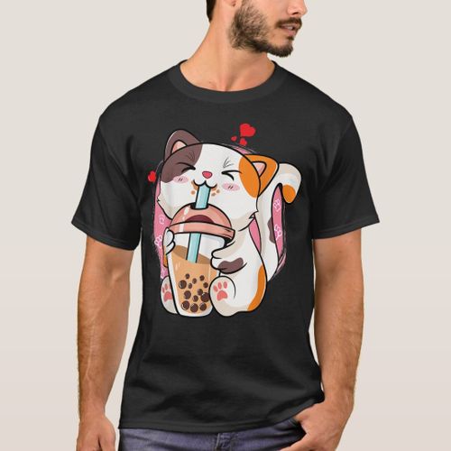 product_image_name-Generic-Cute Kawaii Cat Boba Bubble Milk Tea Anime Neko Ki T-Shirt-1