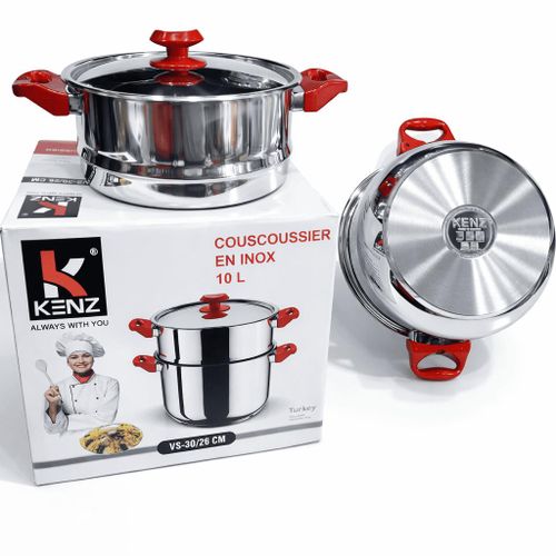 product_image_name-Kenz-Couscoussier en Acier Inoxydable INOX – Capacités Variées au Choix – Haute Qualité – Poignées Thermorésistantes Rouges-2