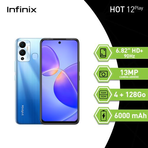 HOT 12 Play (4GB+128GB)/6000mAh/Écran 6.82''HD+/Caméra 13MP/Blue