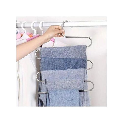 product_image_name-Generic-2 pcs Set 5 en 1 Cintre, Porte-pantalon en acier inoxydable antidérapant de Type S, support de rangement pour pantalons, Jeans, écharpes, vêtements, serviettes, garde-robe, salle de bain-2