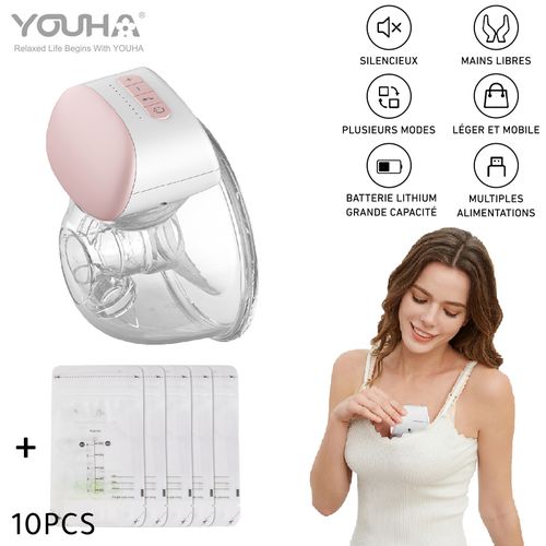 Youha Tire Lait Électrique Portable rechargeable,10 niveaux,3 modes,  240ml,+10 sacs. à prix pas cher