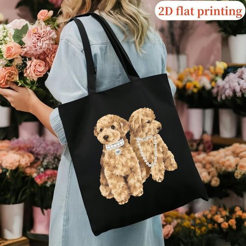 product_image_name-Generic-Sac fourre-tout pour femmes et unisexe avec imprimé chiot - Design mignon chiot et os avec visage de chiot, sac à main durable pour tous les jours, voyage, plage, bureau, style décontracté, bretelles fixes, parfait pour les propriétaires d'animaux, les -1