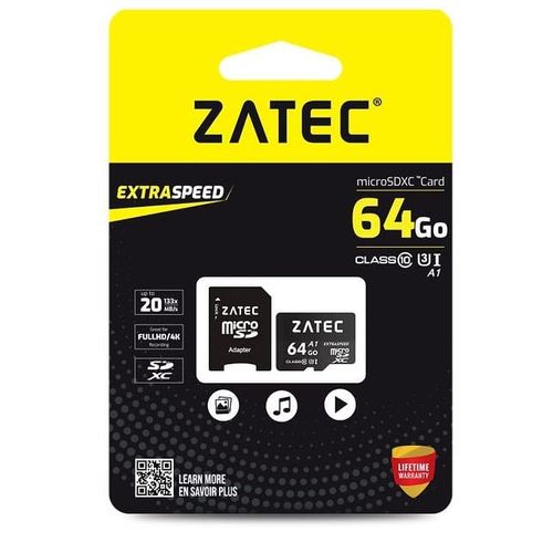 Zatec Carte Mémoire Micro SD 64 GB extra speed Class10 U3 à prix pas cher