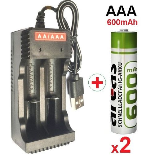 Arcas 2 Piles Rechargeable AAA 600 mAh Nimh + Chargeur Usb